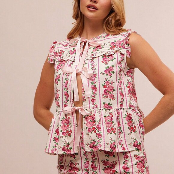 Boho Women's ditsy Floral Stripe Tie Front Tiered Ruffle Peplum Sl - Picture 5 of 5